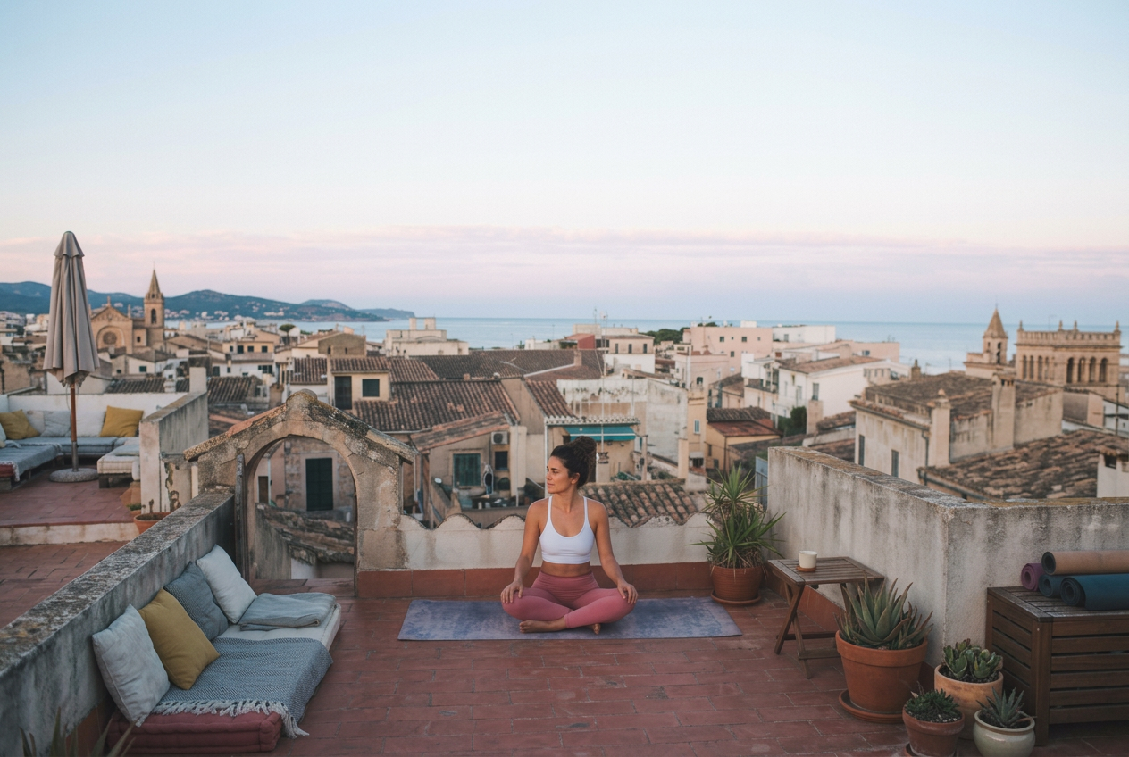 A woman practising yoga alone at sunrise overlooking the sea in Palma de Mallorca